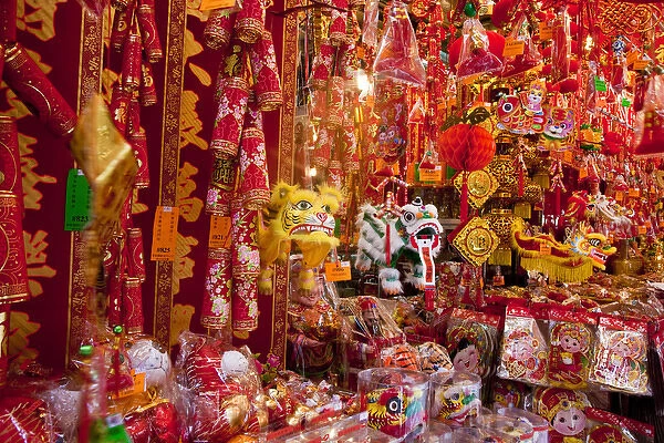 Asia, China, Hong Kong. A variety of colorful Chinese ornaments for sale in a shop