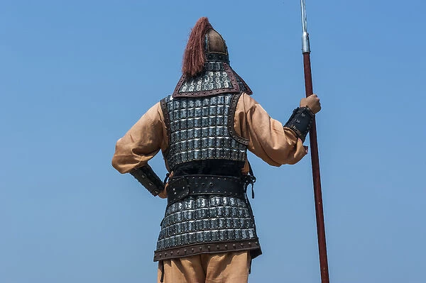 Backside of traditional dressed guard at Gongsanseong castle, Gongju, South Chungcheong Province