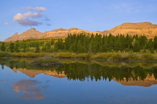 Beaver pond reflects first light on mountain peaks at Marias Pass in Glacier National