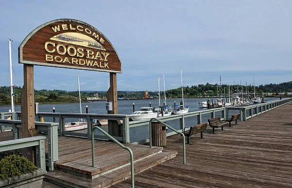 Boardwalk and Harbor in Coos Bay Oregon on Oregon coast