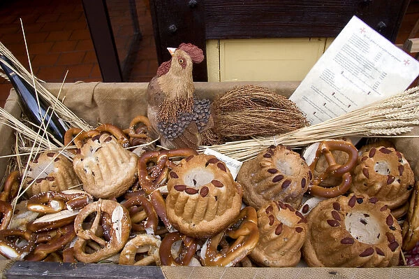 Bread and pretzels being sold at a bakery in the village of Ribeauville, Eastern France