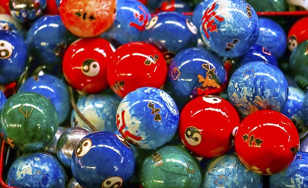 Chinese replica of metal Buddhist prayer balls, Panjuan Flea Market decorations, Beijing, China