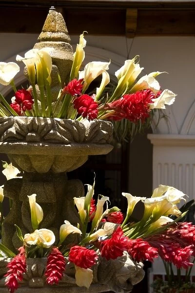 A colorful fountain in the courtyard with flowers located in front of Hotel Colonial