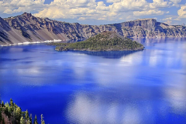 Crater Lake Reflection Wizard Island, Clouds Blue Sky Oregon Pacific Northwest
