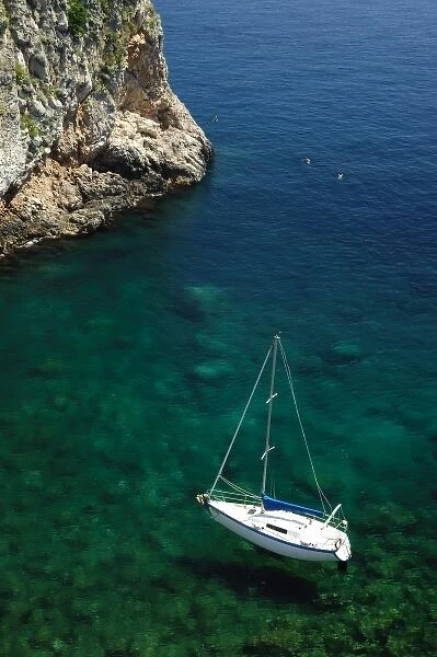 Croatia, Dubrovnik, Adriatic Sea. Sailboat moored in the Adriatic Sea near Dubronnik