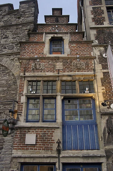 Europe, Belgium, Ghent. A narrow brick structure squeezed among Ghents historic