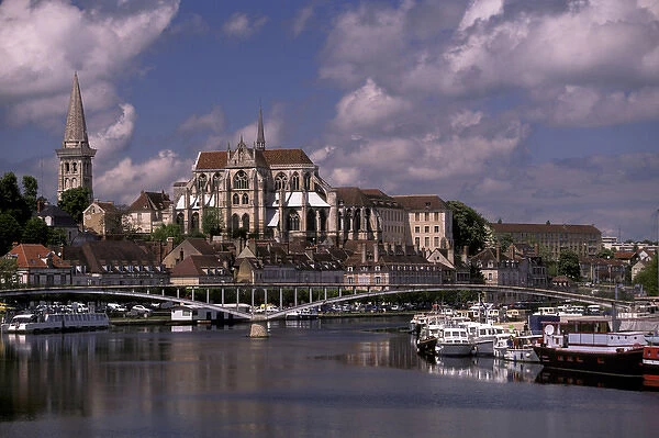 Europe, France, Burgundy, Auxerre. View of the Cathedral and Yonne River barges