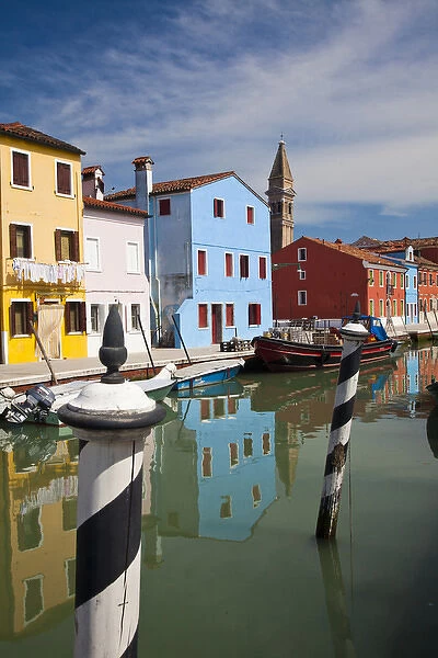 Europe; Italy; Burano; Bright Colored Homes Along the Canal