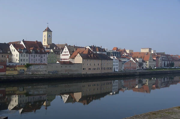 Germany, Bavaria, Regensburg. Early morning medieval city views from the Danube River