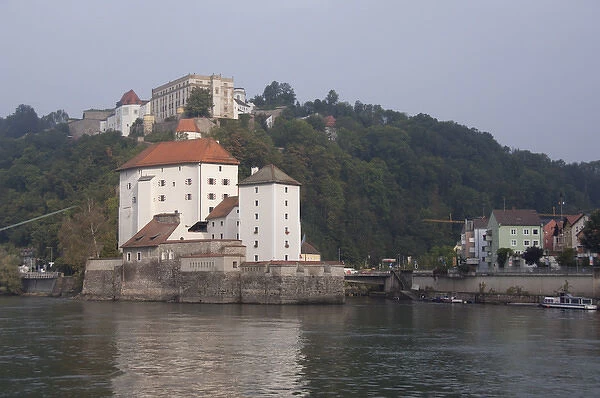 Germany, Passau. Confluence of Danube & Ilz rivers in front of the historic Veste