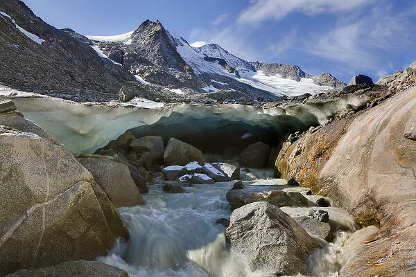 The glacier snout with ice cave of Viltragenkees in the National Park Hohen Tauern