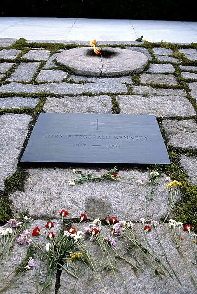 The grave site of President John F. Kennedy and the eternal flame at Arlington National Cemetery