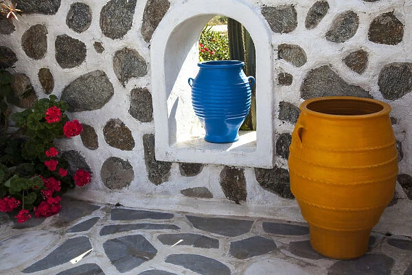 Greece, Santorini, Flower Pots Decorating a Courtyard