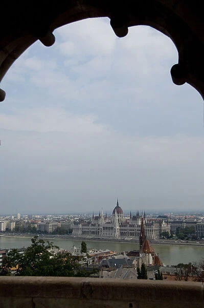 Hungary, Budapest, Buda, Castle Hill, Fishermans Bastion. View across Danube