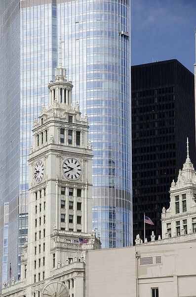 Illinois, Chicago. Historic Wrigley Building clock tower, c