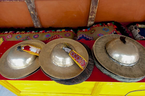 India, Jammu & Kashmir, Ladakh, three sets of brass cymbals at Hemis Monastery