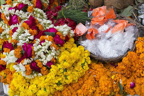 India, Uttar Pradesh, Varanasi. varieties of marigold flowers, plumeria and lotus blossoms