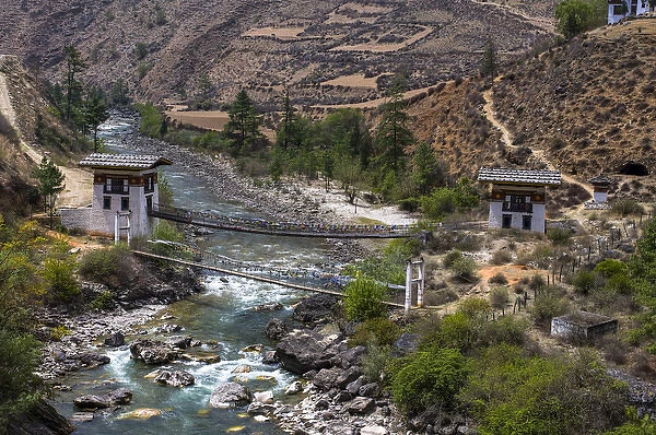 Iron bridge in a valley near Paro, Bhutan