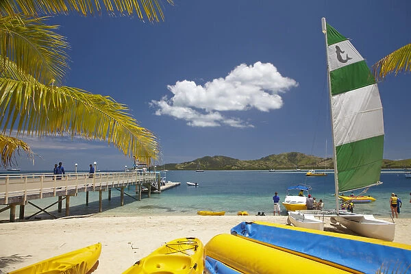 Jetty, boats and hobie cat, Plantation Island Resort, Malolo Lailai Island, Mamanuca Islands