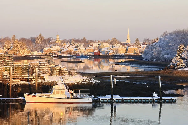 A lobster boat in Portsmouth Harbor in Portsmouth, New Hampshire. Winter