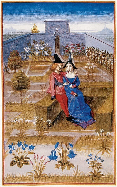 Two lovers in the garden. Miniature. Chantilly castle. France