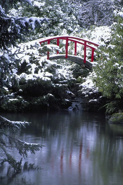 N. A. USA, Washington, Seattle. Moon bridge in Kabota Gardens in winter