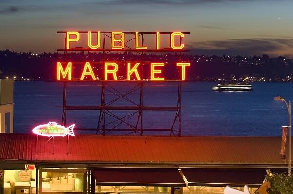 Night lights of Pike Place Market in Seattle, Washington, U. S. A