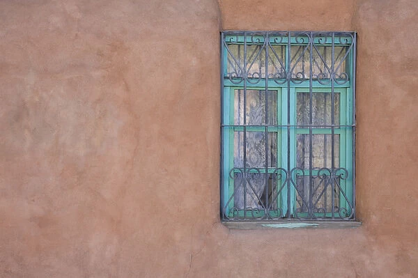 NM, New Mexico, Santa Fe, turquoise colored window