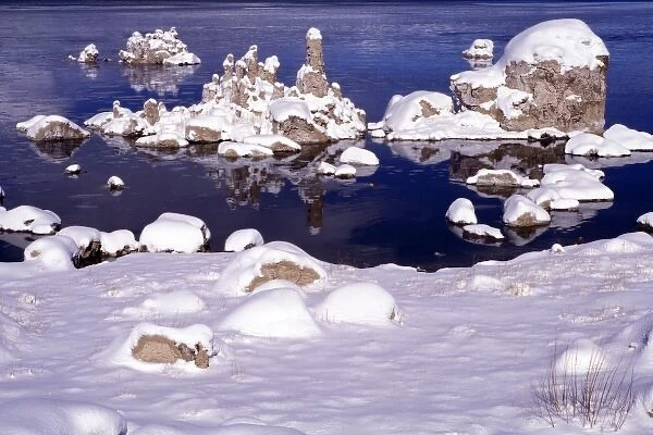 North America, USA, California, Mono Lake. Tufa formation covered in snow