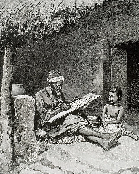 An old man teach to write a child. French Sudan. 1893