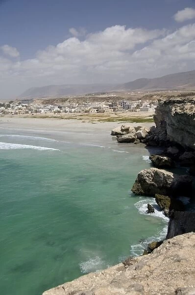 Oman, Dhofar, Salalah. Cliff overlooking the fishing village of Taqa along the Arabian Sea