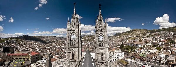 Panoramic view of the bell towers at the National Basilica, Quito, Ecuador
