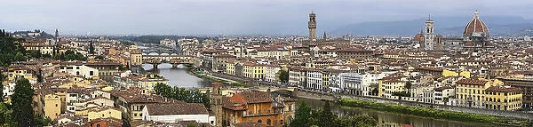 Panoramic view of Florence, Italy along the Arno River amd Ponte Vecchio (Old Bridge)