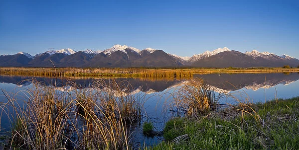 Panoramic of wetlands pond reflecting the Mission Mountain Range at Ninepipe WMA near Ronan