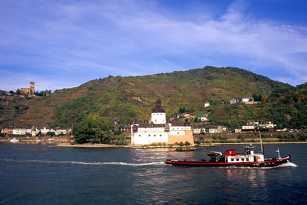 Pfalz Castle and Boats on Rhine River in Gutenfels Kaub Germany