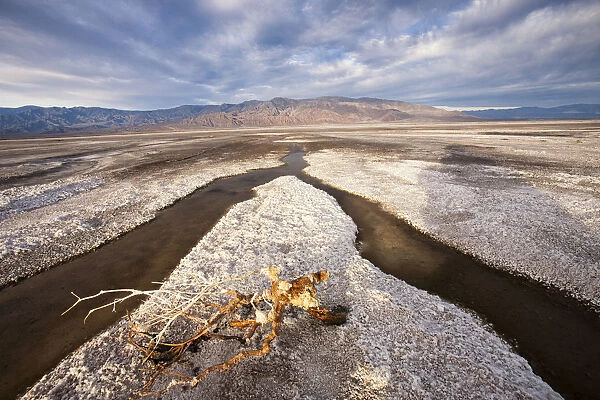Rainwater creates a creek on Salt Flats. Death Valley. California