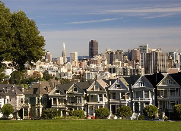 San Francisco famous Victorian Houses called The 5 Sisters with skyline