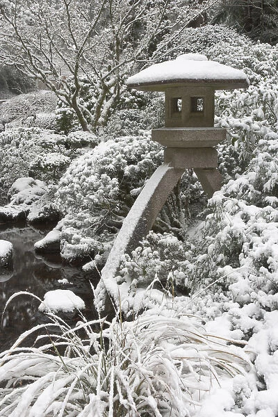 Snow-covered stone lantern, Portland Japanese Garden, Oregon
