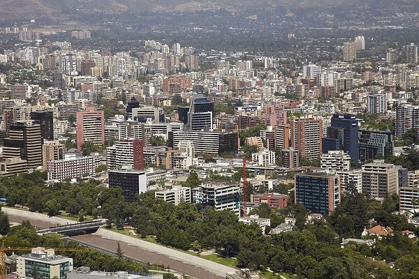 South America, Chile, Santiago, View of Santiago and Mapocho River, from Cerro San Cristobal