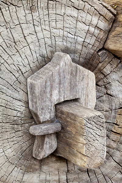 South America, Mexico, Tecate. Detail on wooden bench at Rancho La Purerta. Credit as