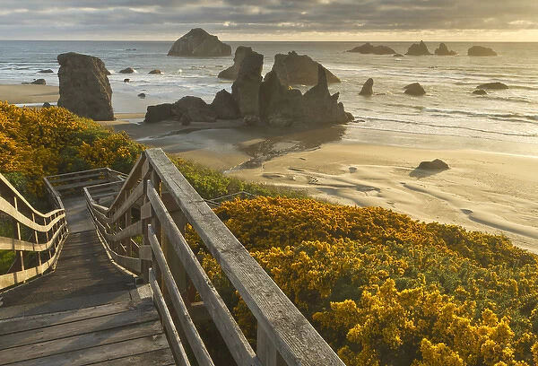 A stairway leads to the beach in Bandon, Oregon