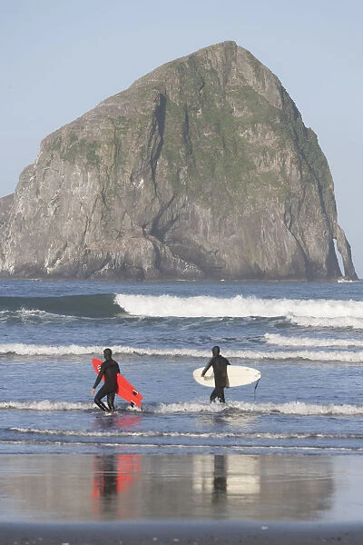 Surfers, Haystack Rock, Cape Kiwanda State Park, Oregon Coast, USA, Late Spring