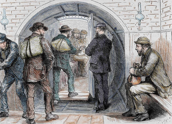 Tunnel in London. Workers going to their jobs. Colored engraving in The Spanish