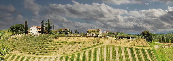 Tuscan landscape under thunder clouds. Farmhouse with vineyard. Tuscany, Italy