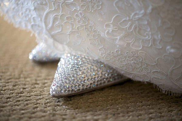 United State, USA, New England, Massachusetts, Danvers, close-up of bridal gown and shoes