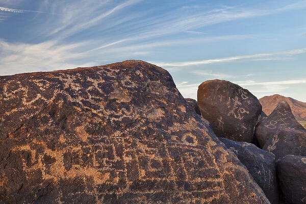 USA, Arizona, Gila Bend. Close-up of prehistoric petroglyphs on boulders. Credit as
