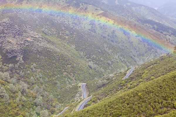 USA, California, Hell Hollow. Rainbow over Highway 49