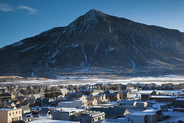 USA, Colorado, Crested Butte, elevated town view, with Mount Crested Butte, morning