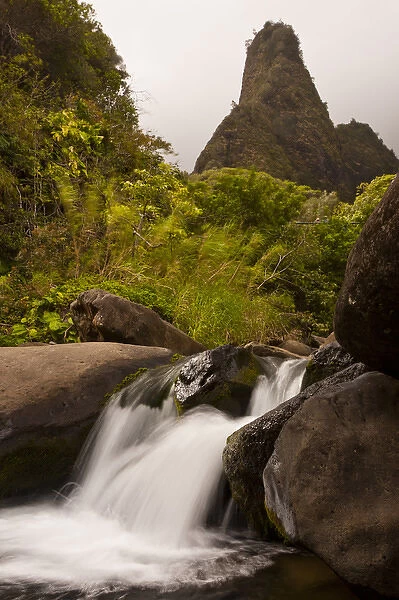 USA, Hawaii, Maui, Iao Needle. View of waterfall and rock formation