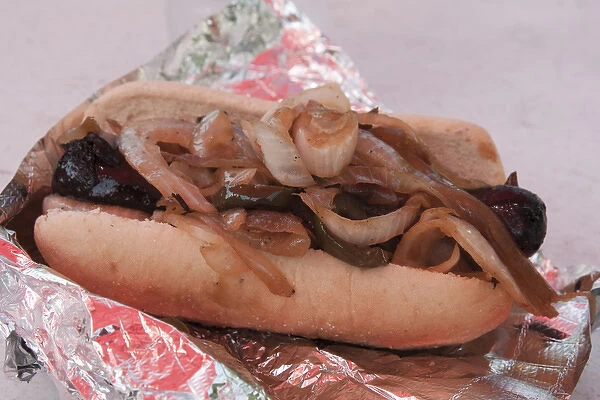 USA, Indiana, Indianapolis. Close-up of Polish sausage and onions at the Indiana State Fair